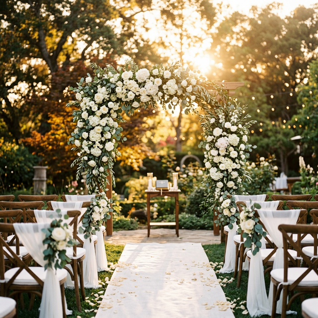 Elegant wedding ceremony arch with roses at golden hour